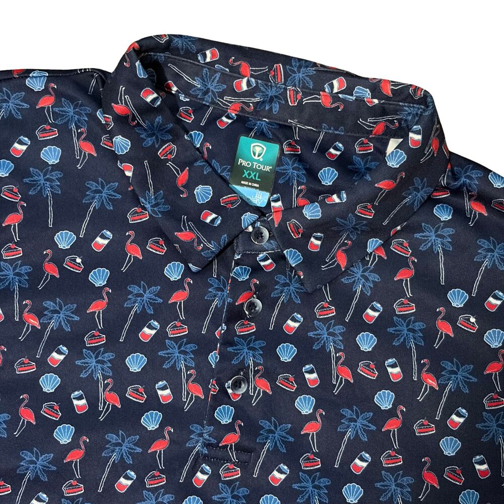 Pro Tour CoolPlay Polo Shirt Mens 2XL Blue AOP Pepsi Palm Tree Performance Golf